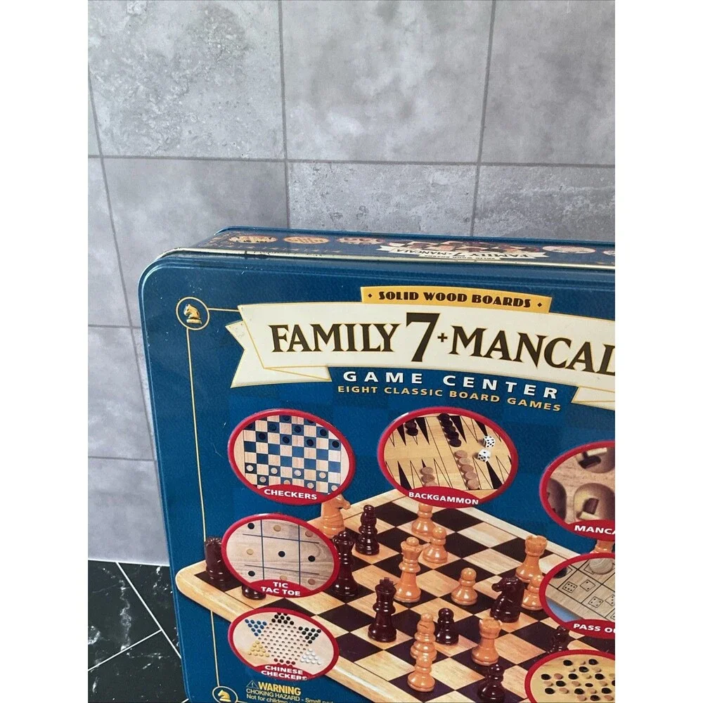 Family 7+ Mancala Game Center 8 Classic Board Games Solid Wood in Tin EUC